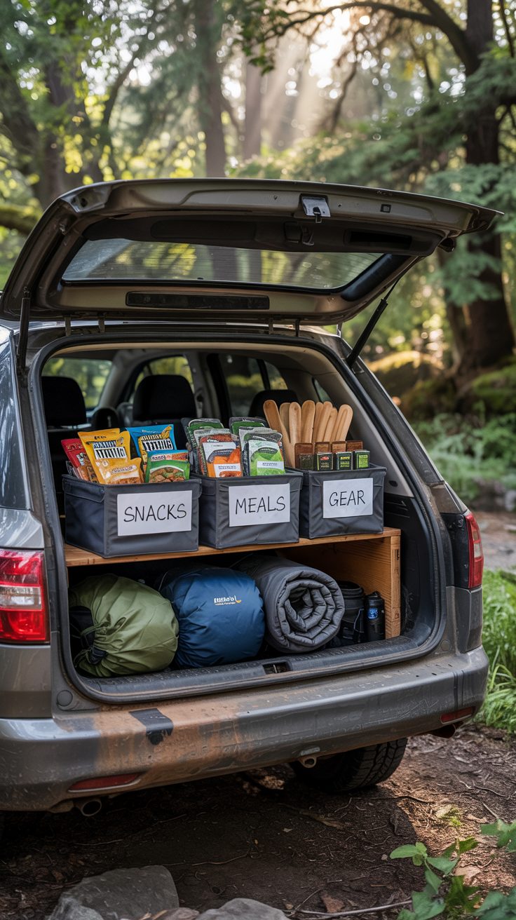 An organized SUV trunk with labeled bins for snacks, meals, and gear